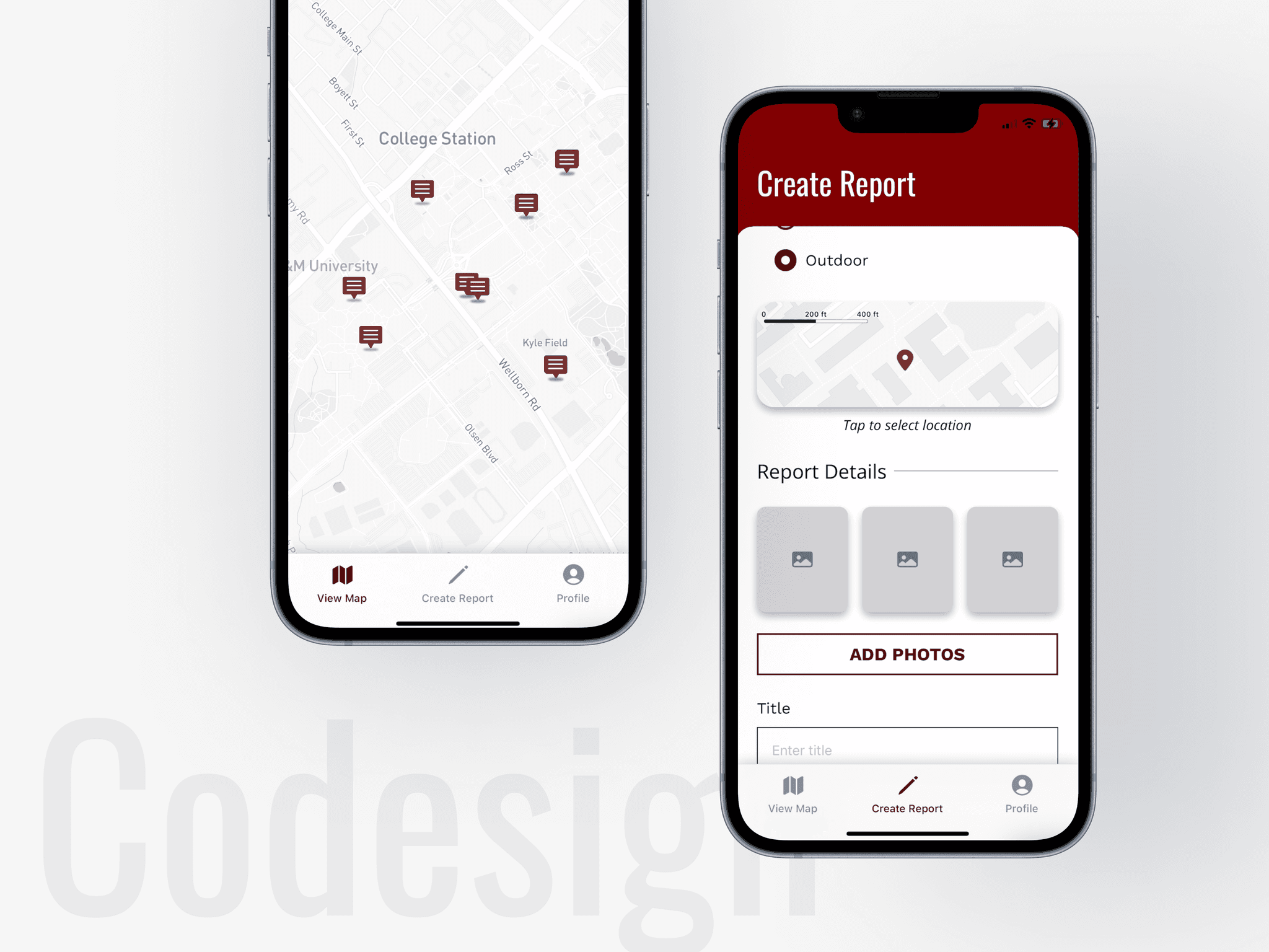 Home page of the Codesign app. It shows a map of the Texas A&M campus with pins to denote feedback locations. It also shows the report form for submitting feedback.